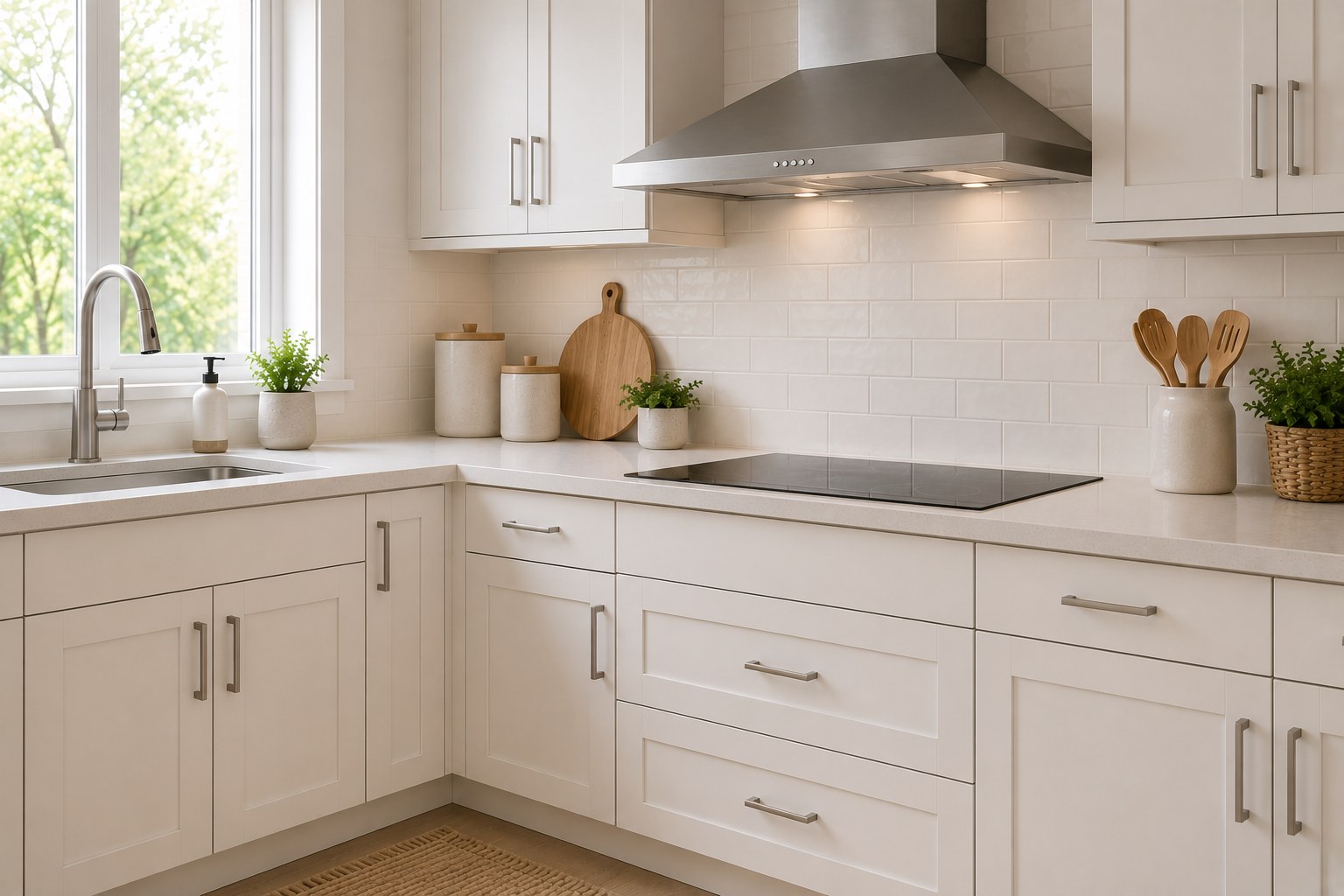 Modern Toronto kitchen with a stainless wall-mount chimney range hood over an induction cooktop — TrueFix range hood repair