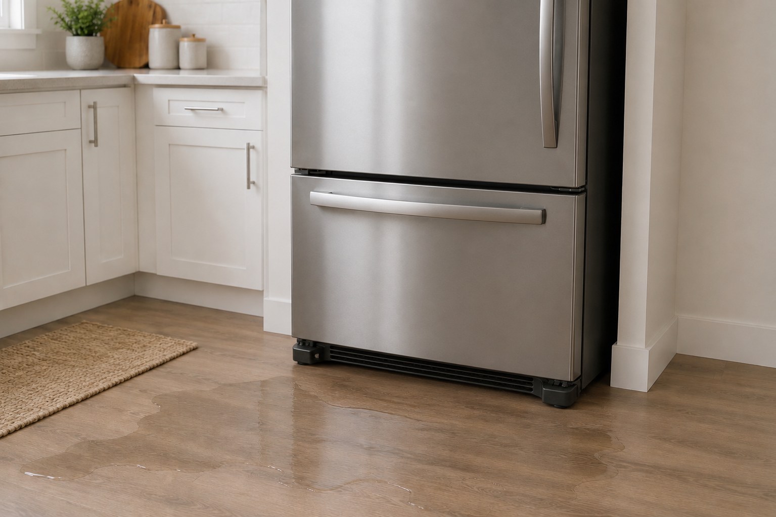 Water leaking from a stainless steel refrigerator onto a Toronto kitchen hardwood floor — TrueFix fridge leak repair guide