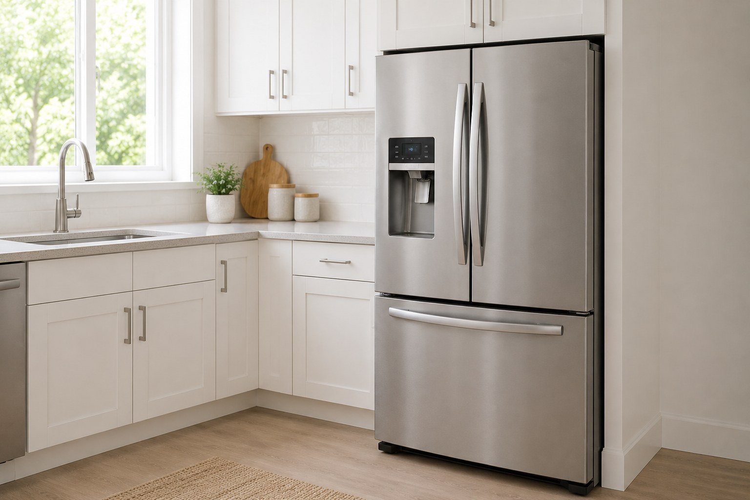 Stainless steel French-door refrigerator in a modern Toronto kitchen — common fridge repair problems and fixes by TrueFix