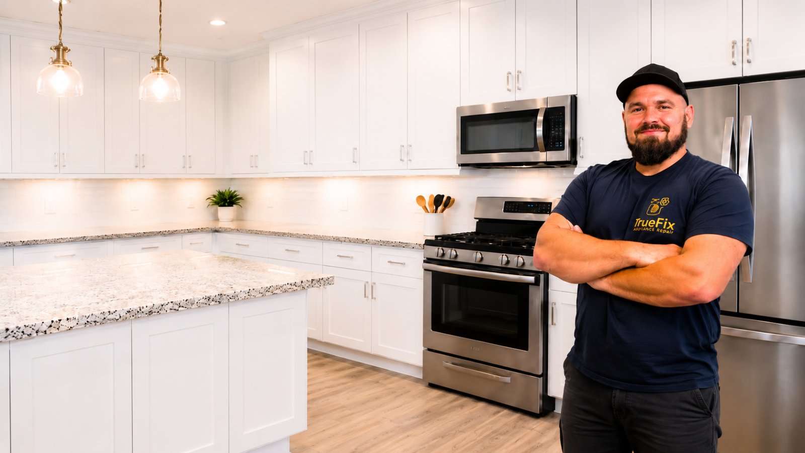 TrueFix Appliance Repair certified technician in branded navy uniform standing arms-crossed in a bright modern Toronto kitchen with stainless steel gas range, microwave and refrigerator