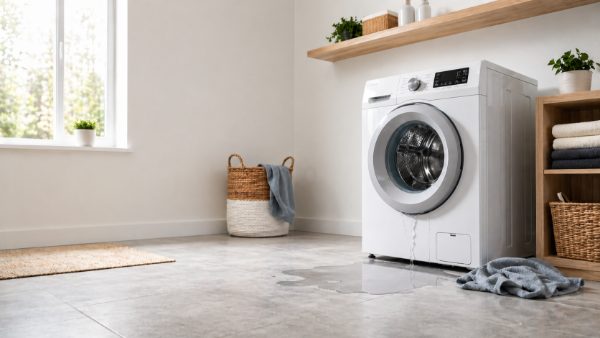 Front-load washing machine leaking water onto a Toronto laundry-room floor — TrueFix washer leak repair guide